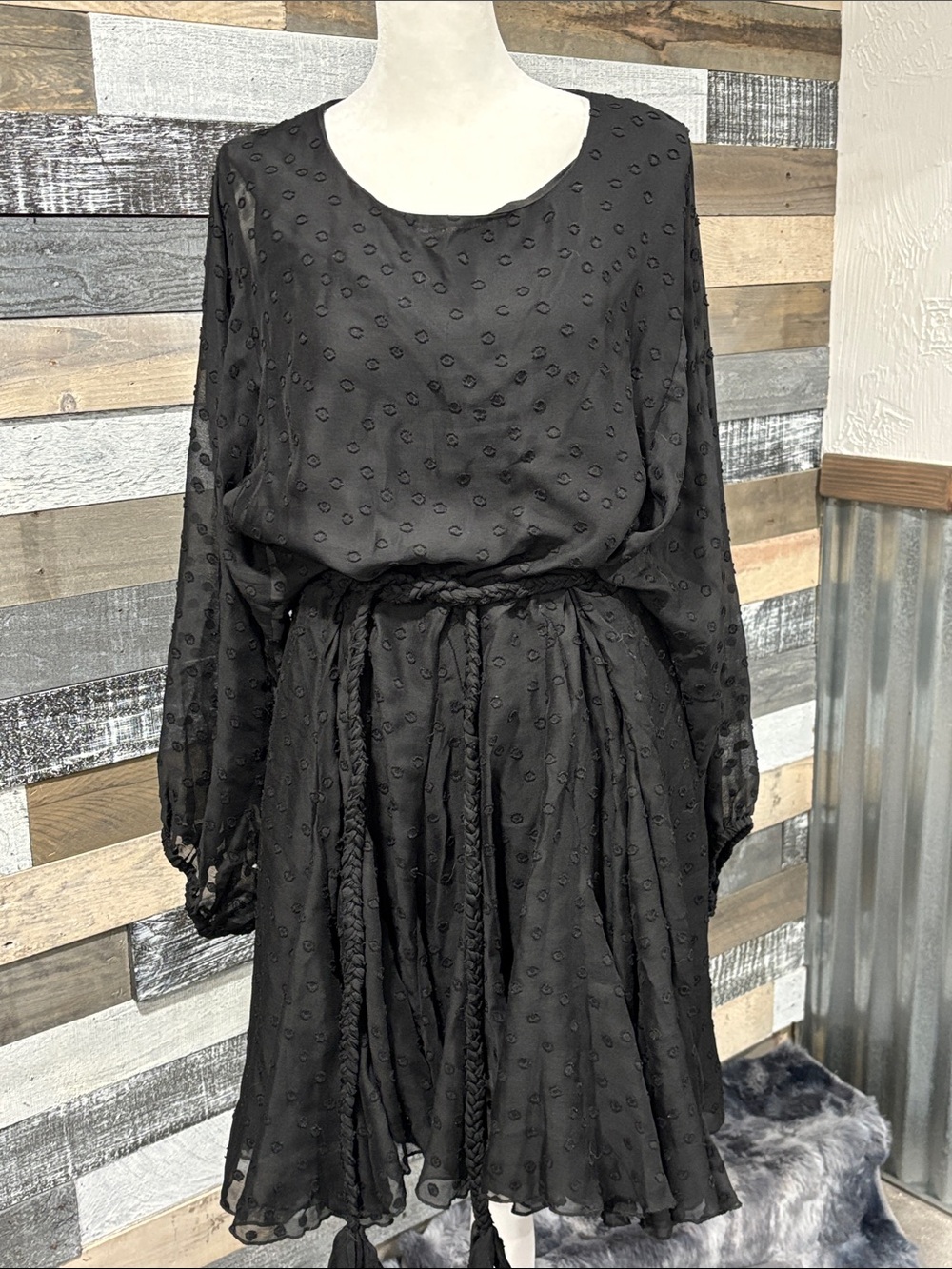 Aakaa Black Swiss Dot Long-Sleeve Waist-Tie Dress